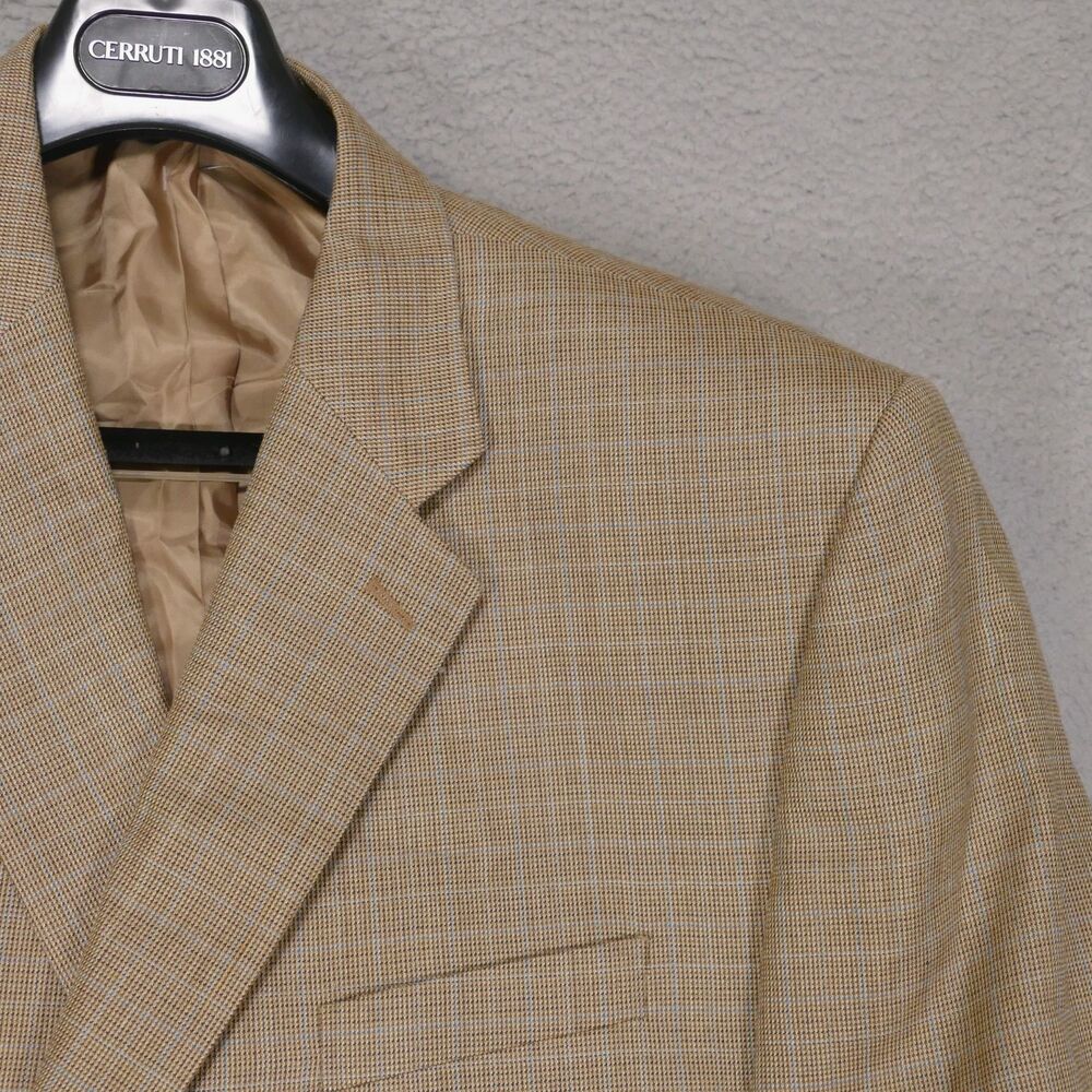 Ralph Lauren Sport Coat Blazer Mens 48R Gold Beige Brown Houndstooth Silk Wool